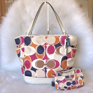 COACH 2 pc PARK hand drawn scarf ToTe & Wristlet